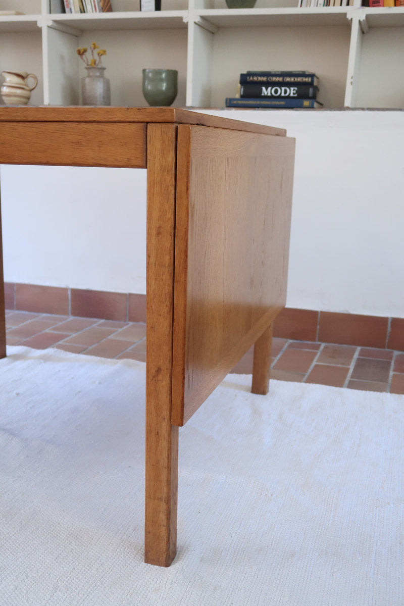 Table à manger scandinave extensible en chêne clair années 60, deux abattants intégrés, jusqu'à 12 couverts, pieds droits