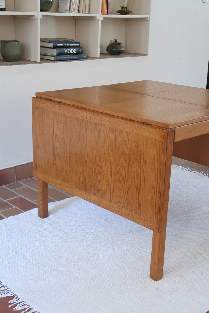 Table à manger scandinave extensible en chêne clair années 60, deux abattants intégrés, jusqu'à 12 couverts, pieds droits
