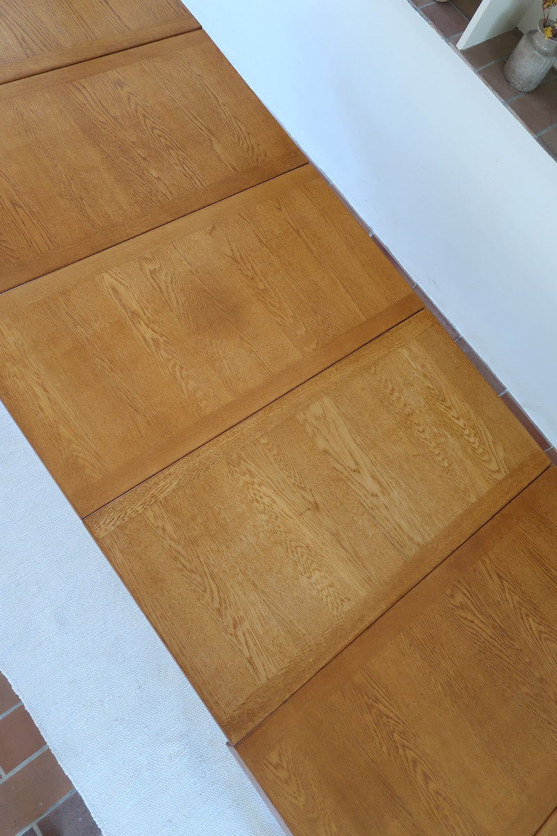 Table à manger scandinave extensible en chêne clair années 60, deux abattants intégrés, jusqu'à 12 couverts, pieds droits