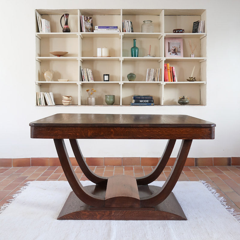Table de repas Art Déco en chêne, piètement arceau, France, années 30