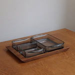 Vide-poche compartimenté scandinave bois massif et verre fumé Denmark années 60, trois raviers encastrés, art de la table danois mid-century