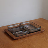 Vide-poche compartimenté scandinave bois massif et verre fumé Denmark années 60, trois raviers encastrés, art de la table danois mid-century
