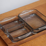 Vide-poche compartimenté scandinave bois massif et verre fumé Denmark années 60, trois raviers encastrés, art de la table danois mid-century